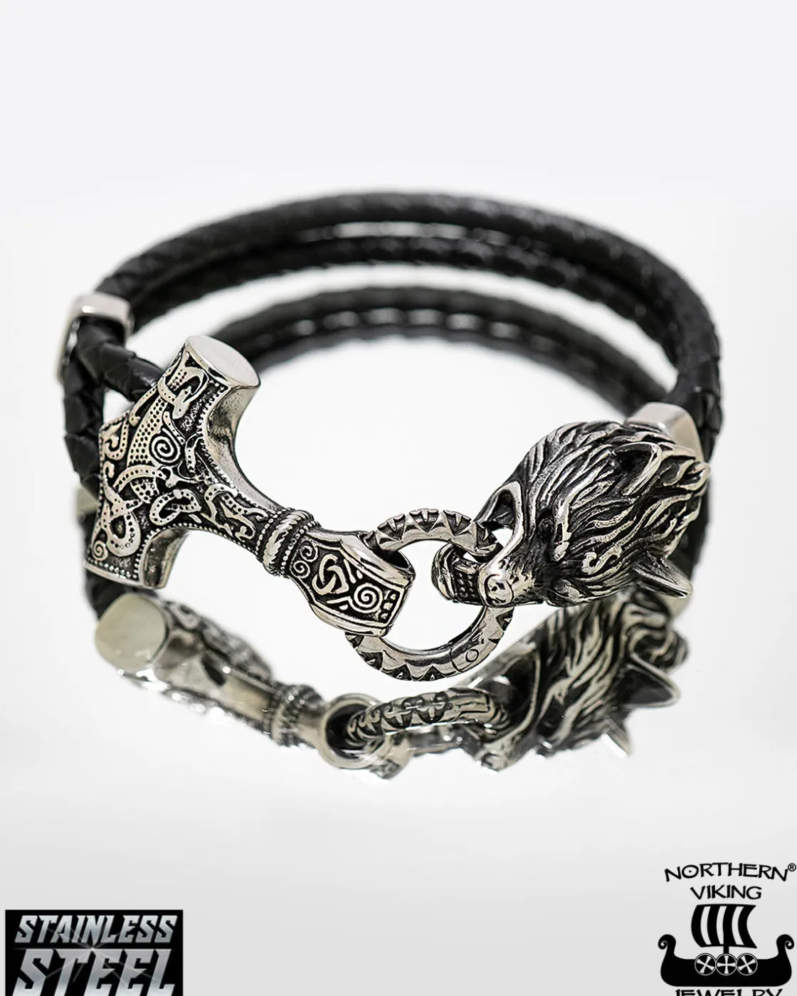 New Thor's Hammer Wolf Rannekoru - Teräs/Nahka Korut